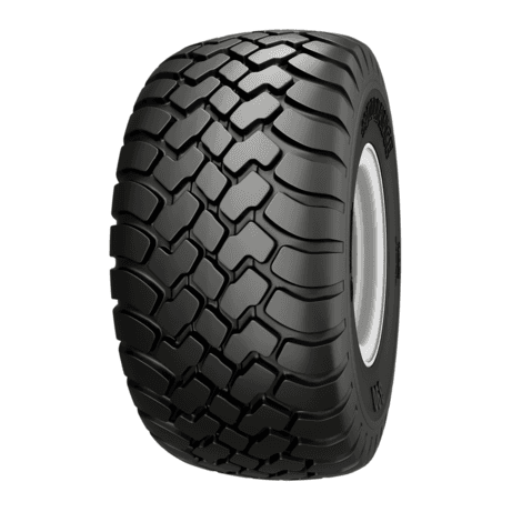 Alliance 390 kraftig stålforsterket high-speed radial flotationdekk med et unikt, retningsbestemt blokkmønster.