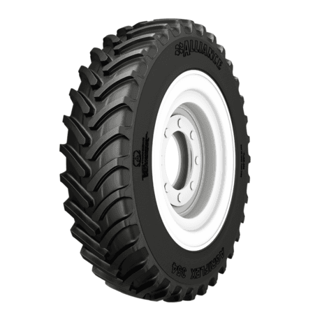 Alliance Agriflex+ 354 høyteknologisk ultrafleksibelt VF radial-radkulturdekk med dype, vinklede R-1W mønsterknaster.
