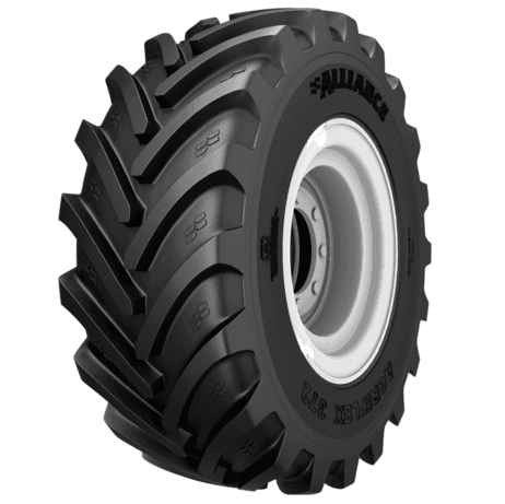 Alliance Agriflex 372 høyteknologisk IF-radialtraktordekk med fleksible sidevegger og brede R-1W mønsterknaster.
