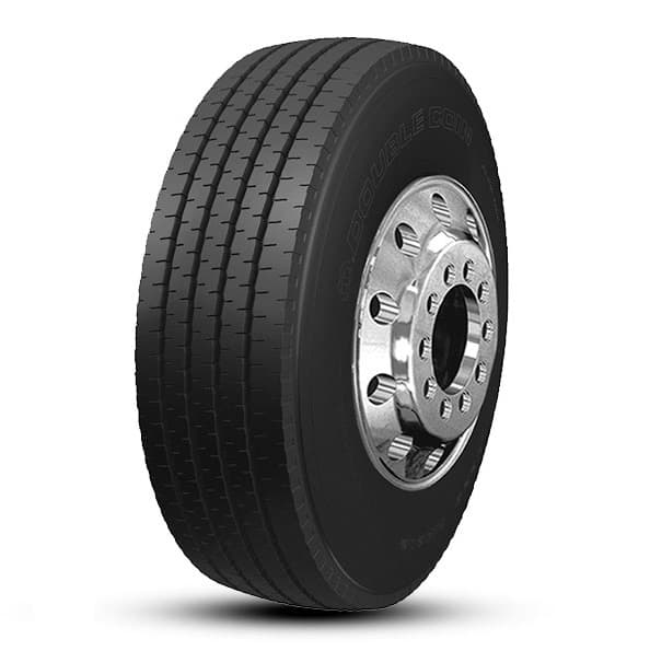 Double Coin RR202 styredekk i 295/80R22.5, viser de solide sideveggene og mønsteret som er designet for både tungtransport og buss.