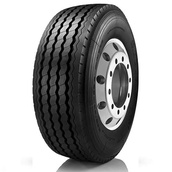 Double Coin RR905 trailerdekk for lastebil og henger, viser 5-rib mønsteret designet for lav rullemotstand og lang levetid.