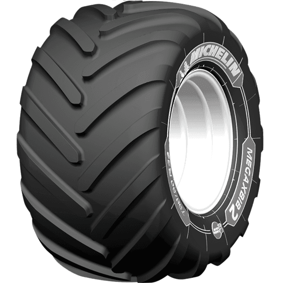 Michelin MegaXBib 2 premium radial-flotasjonsdekk for skurtreskere med ekstra bred slitebane og stubb-resistent mønsterknaste-design.