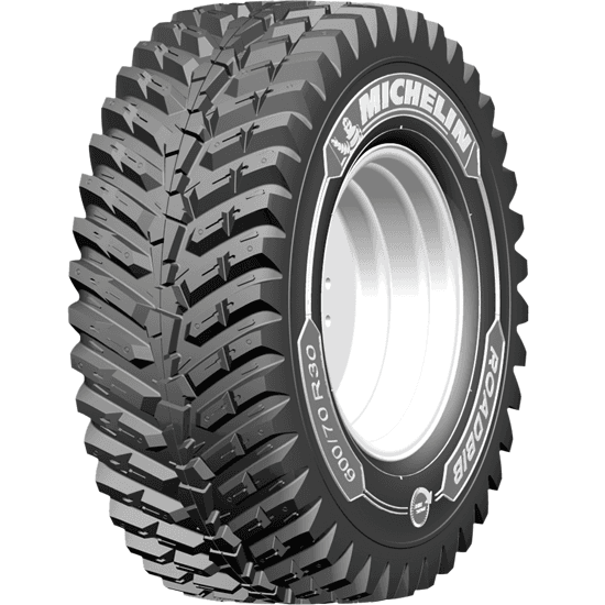 Michelin RoadBib premium stålforsterket radial hybrid-traktordekk med retningsbestemt, tett blokkmønster for transport og veikjøring.