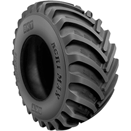 BKT Agrimax RT 600 landbruksdekk i 1250-bredde, viser det brede fotavtrykket og de avrundede skuldrene designet for minimal jordpakking.