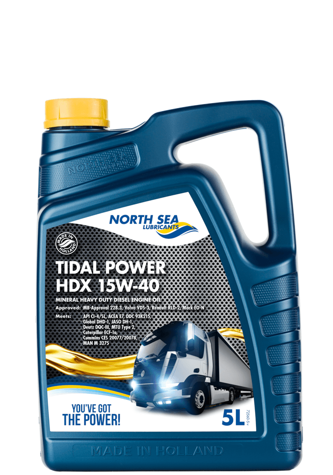 5 liters flaske med NSL Tidal Power HDX 15W-40 motorolje for anlegg og transport.