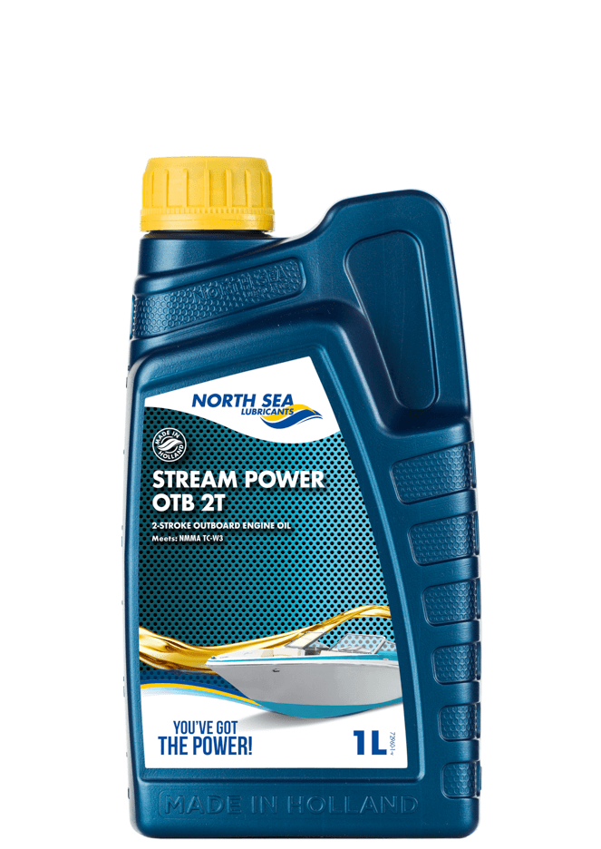1 liters flaske med NSL Stream Power OTB 2T blå askefritt totaktsolje for marinemotorer.