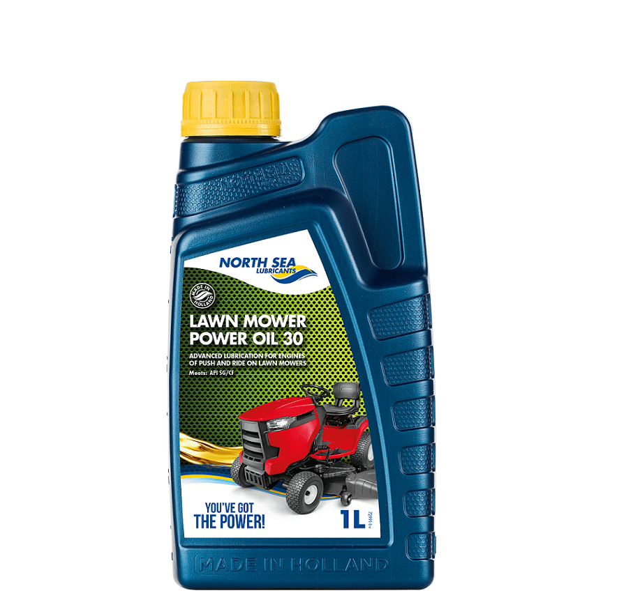 1-liters flaske med NSL Lawn Mower Power Oil 30 for skyve- og sittemaskiner.