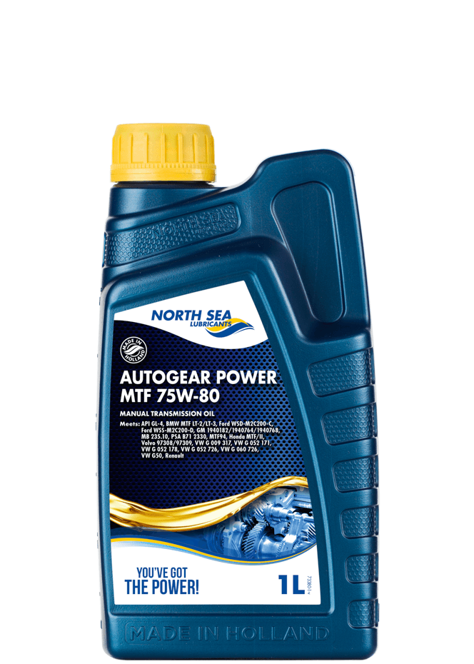 1-liters flaske med NSL Autogear Power MTF 75W-80, girolje for moderne manuelle girkasser med krav til lav viskositet.