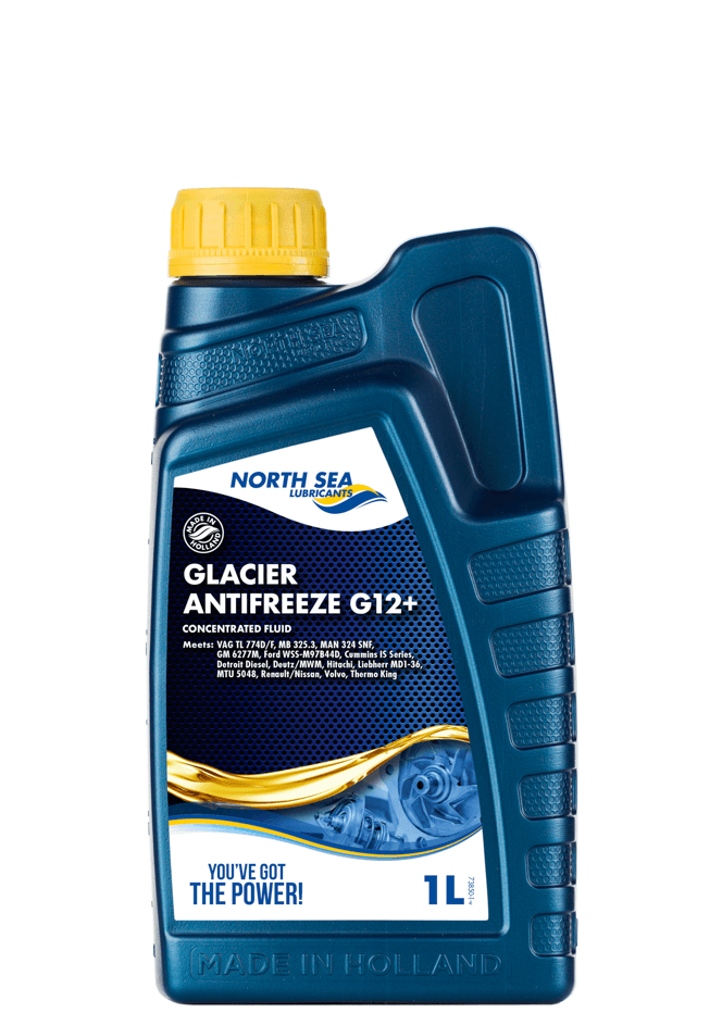 1-liters flaske med Glacier Antifreeze G12+ konsentrert rød frostvæske.