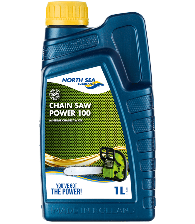 1 liters flaske med NSL Chain Saw Power 100 sagkjedeolje for motorsager.