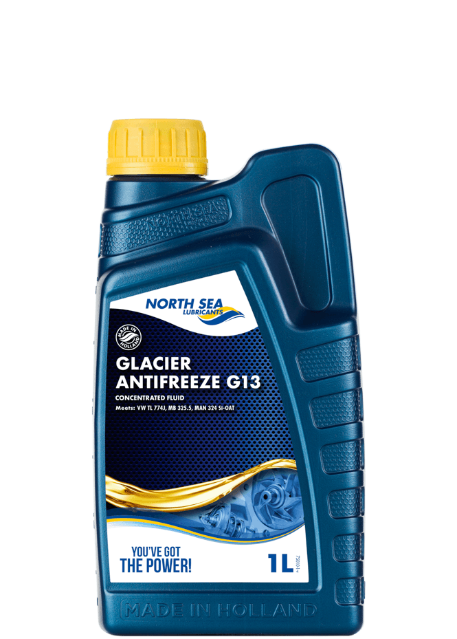 1-liters flaske med Glacier Antifreeze G13 konsentrert lilla frostvæske.