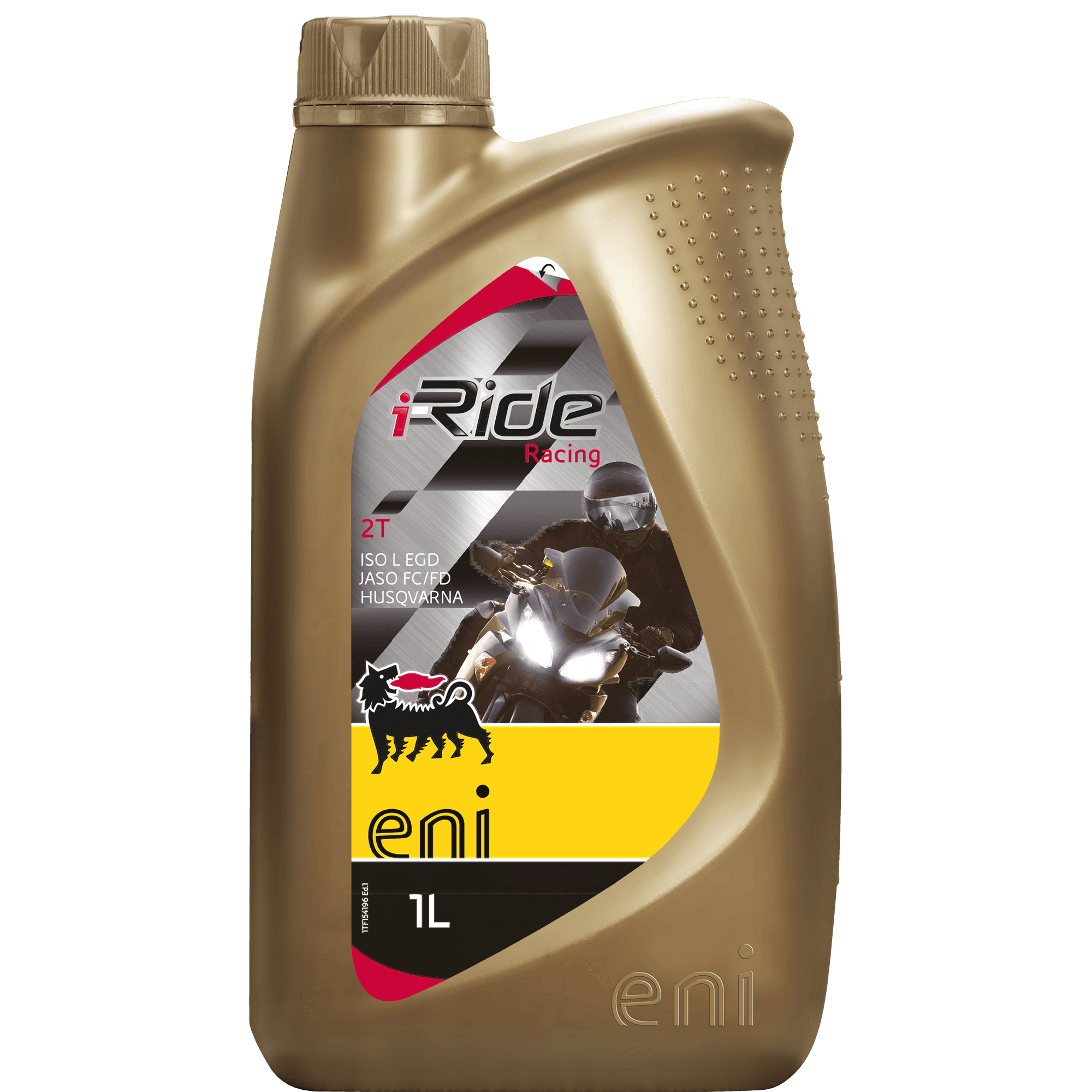 1-liters flaske med Eni i-Ride Racing 2T, fullsyntetisk totaktsolje for racingsykler og høyytelsesmotorer.