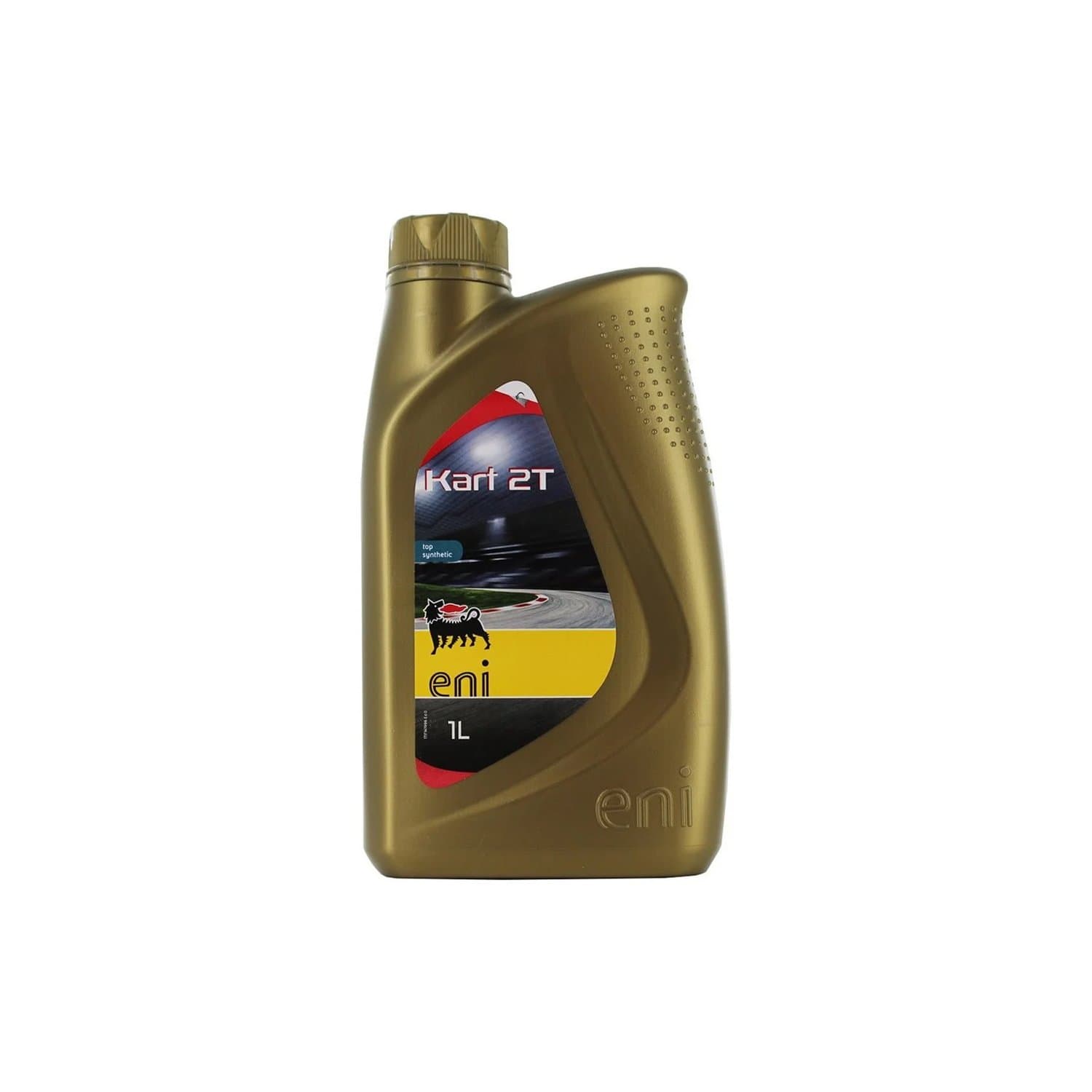 1-liters flaske med Eni Kart 2T, syntetisk og ricinusbasert racingolje for gokart-motorer.