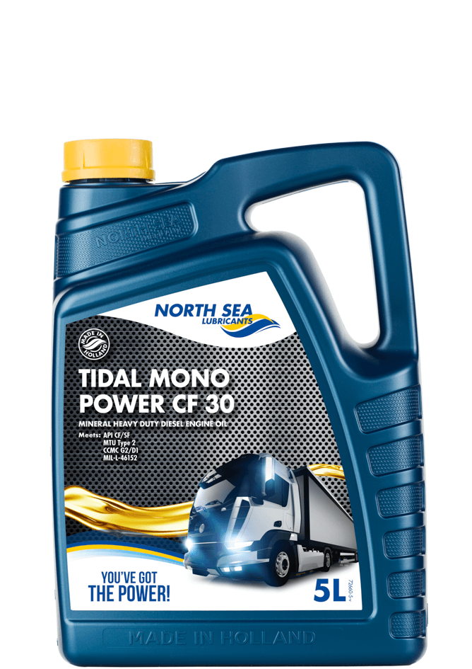 5 liters flaske med NSL Tidal Mono Power CF SAE 30W motorolje for eldre dieselmotorer og marine.