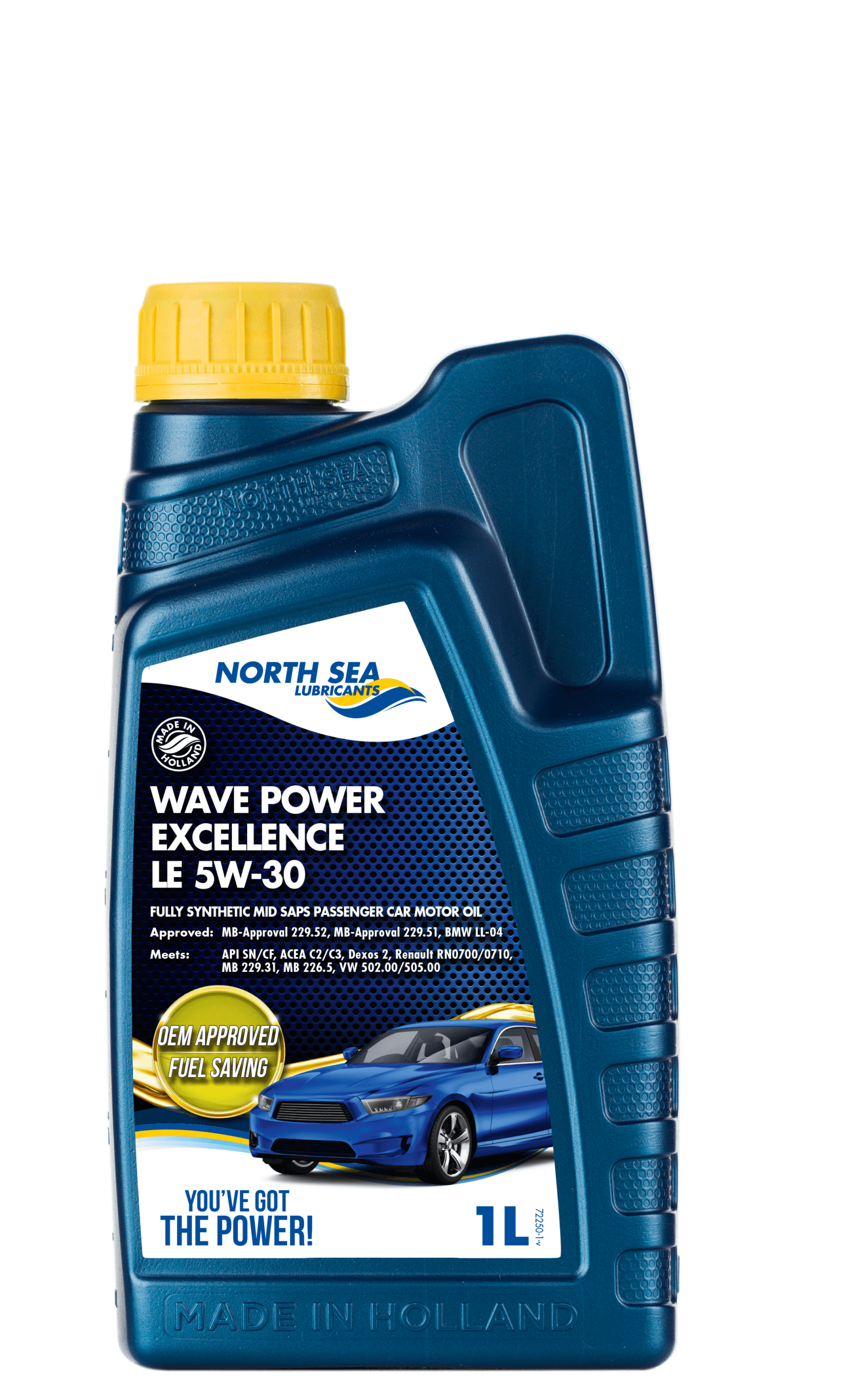 1-liters flaske med NSL Wave Power Excellence LE 5W-30 helsyntetisk motorolje.