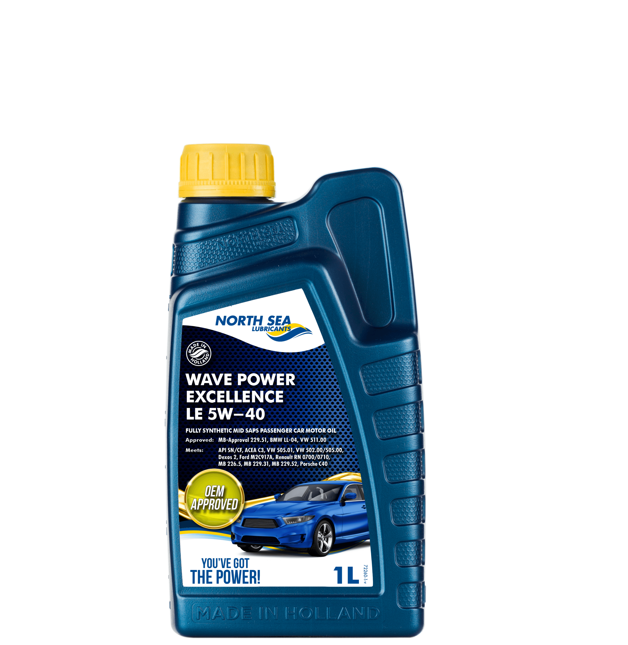 1-liters flaske med NSL Wave Power Excellence LE 5W-40 helsyntetisk motorolje.
