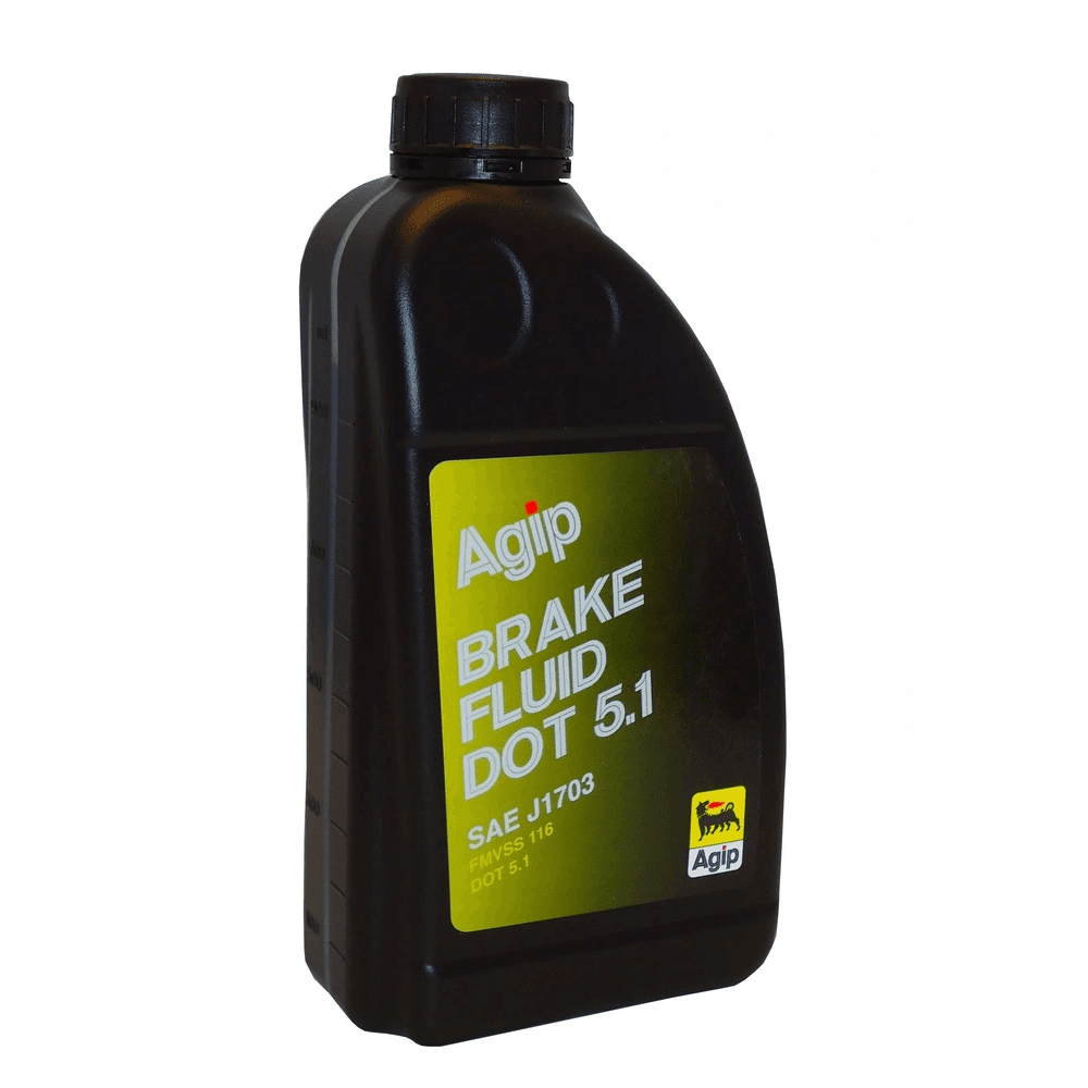 0,5-liters flaske med Eni Brake Fluid DOT 5.1, høytytende syntetisk bremsevæske for biler og motorsykler.