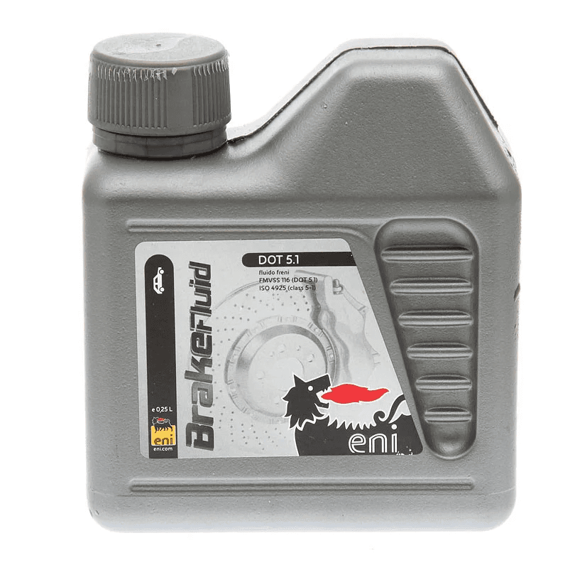 5-liters kanne med Eni Brake Fluid DOT 5.1, premium syntetisk bremsevæske for profesjonelle verksteder.