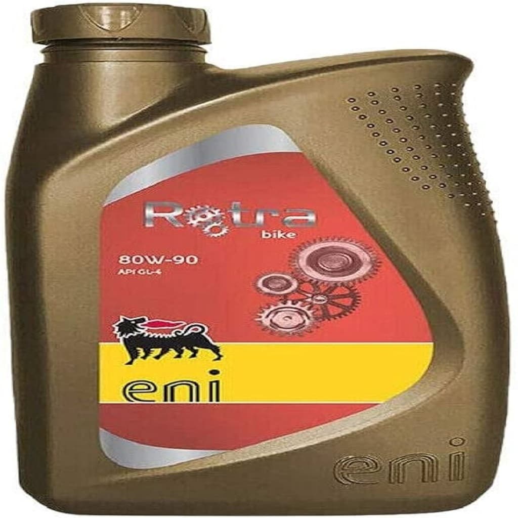 1-liters flaske med Eni Rotra HY DB 80W, spesialisert mineralsk girolje for manuelle girkasser og transmisjoner.
