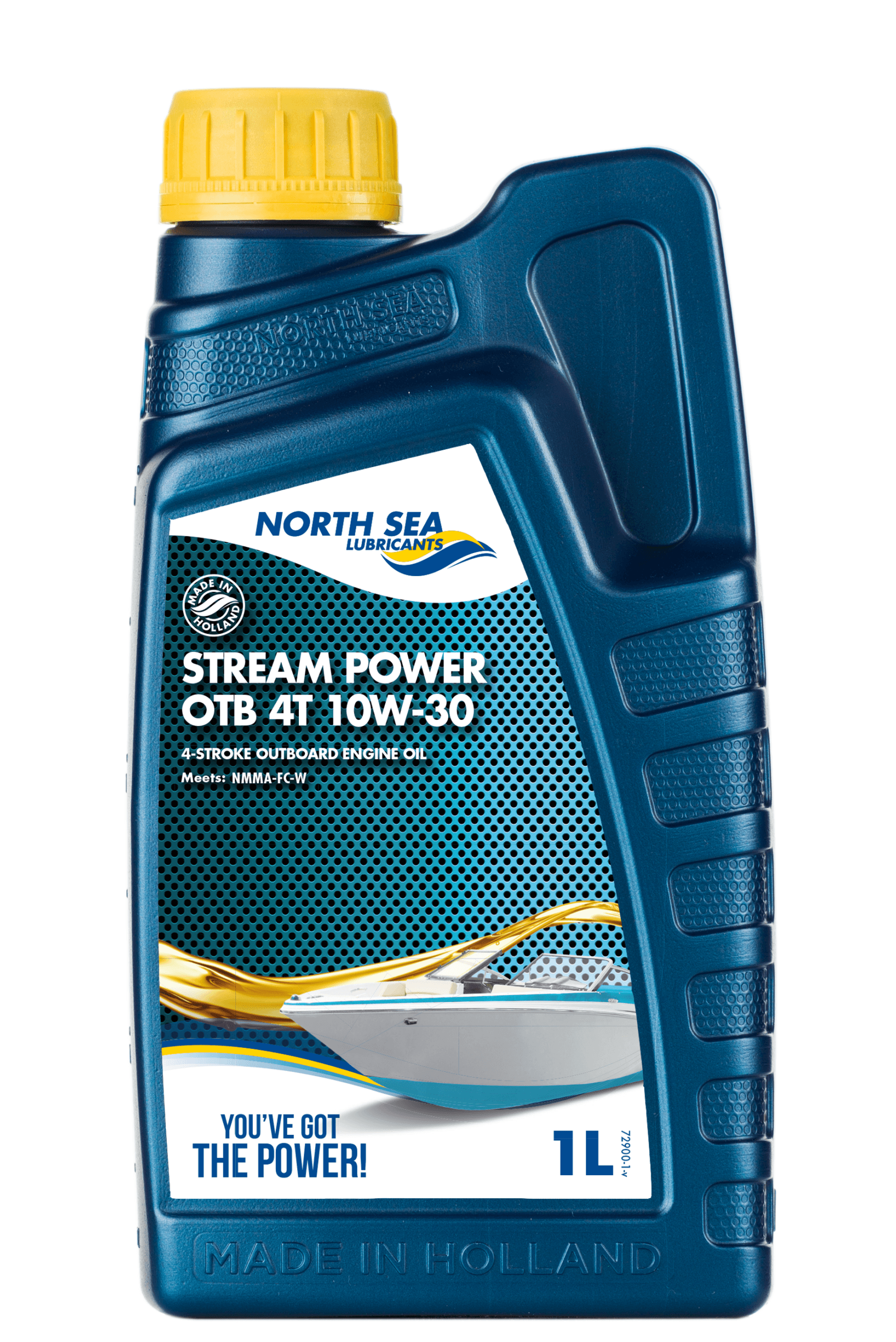 1 liters flaske med NSL Stream Power OTB 4T 10W-30 motorolje for 4-takts utenbordsmotorer.