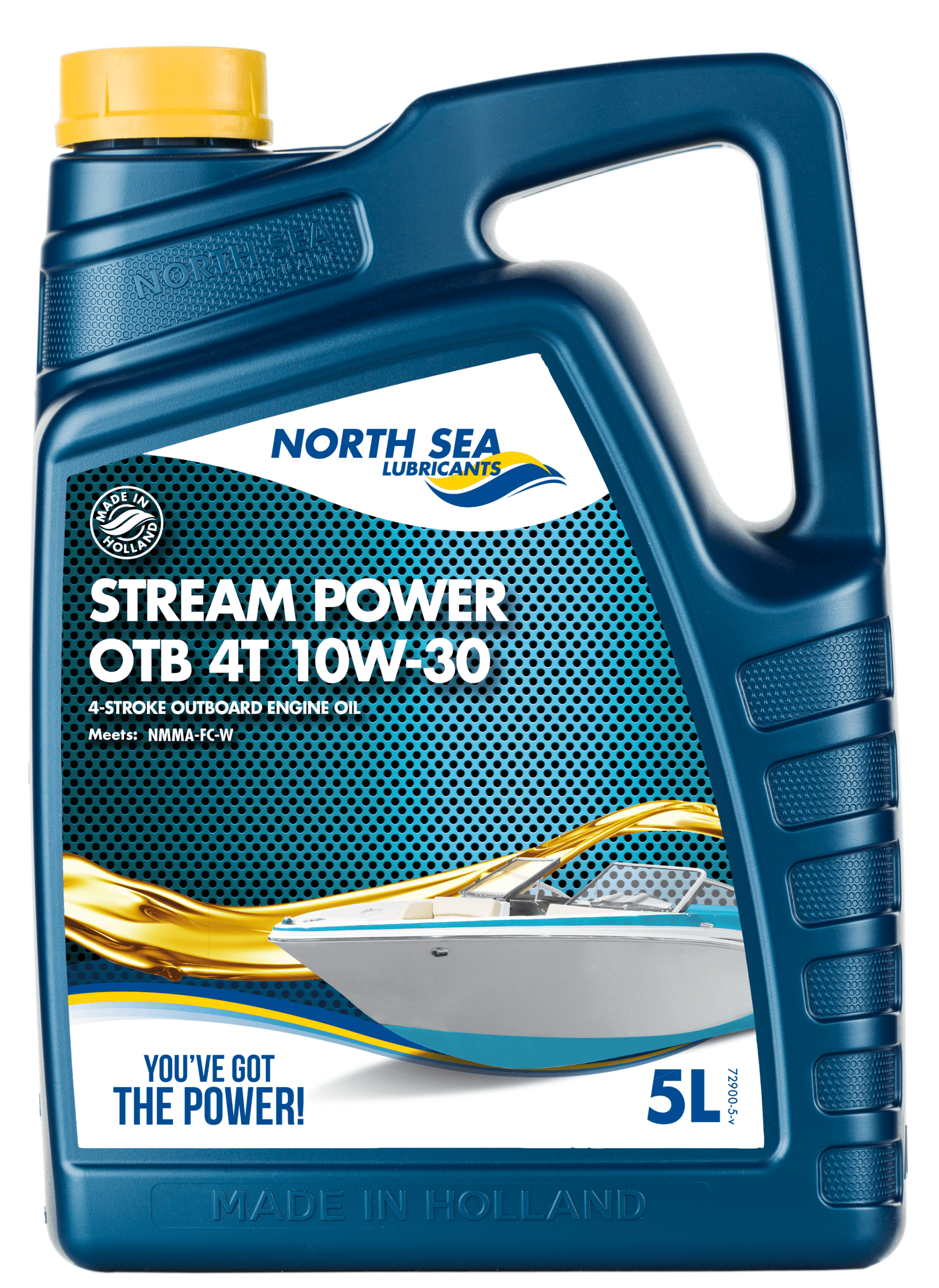 5 liters kanne med NSL Stream Power OTB 4T 10W-30 motorolje for utenbordsmotorer fra Honda, Yamaha og Mercury.