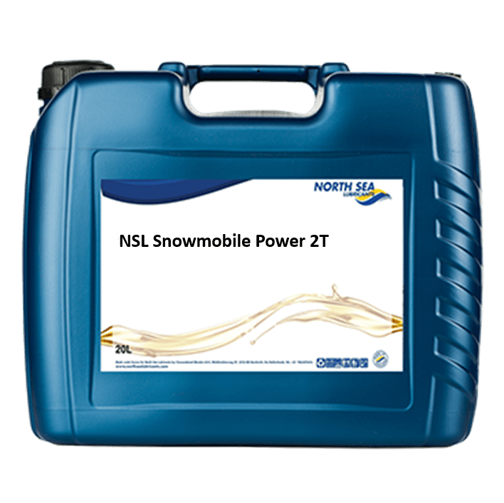 20-liters kanne med NSL Snowmobile Power 2T, blå fullsyntetisk totaktsolje for moderne snøscootere.