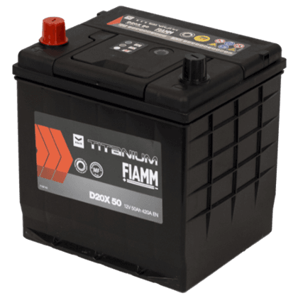 Fiamm D20X 50 12V 50Ah startbatteri, vedlikeholdsfritt (MF) med pluss-pol til venstre.