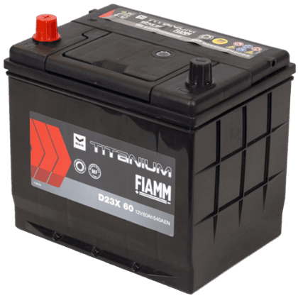 Fiamm D23X 60 12V 60Ah startbatteri, vedlikeholdsfritt (MF) med pluss-pol til venstre.