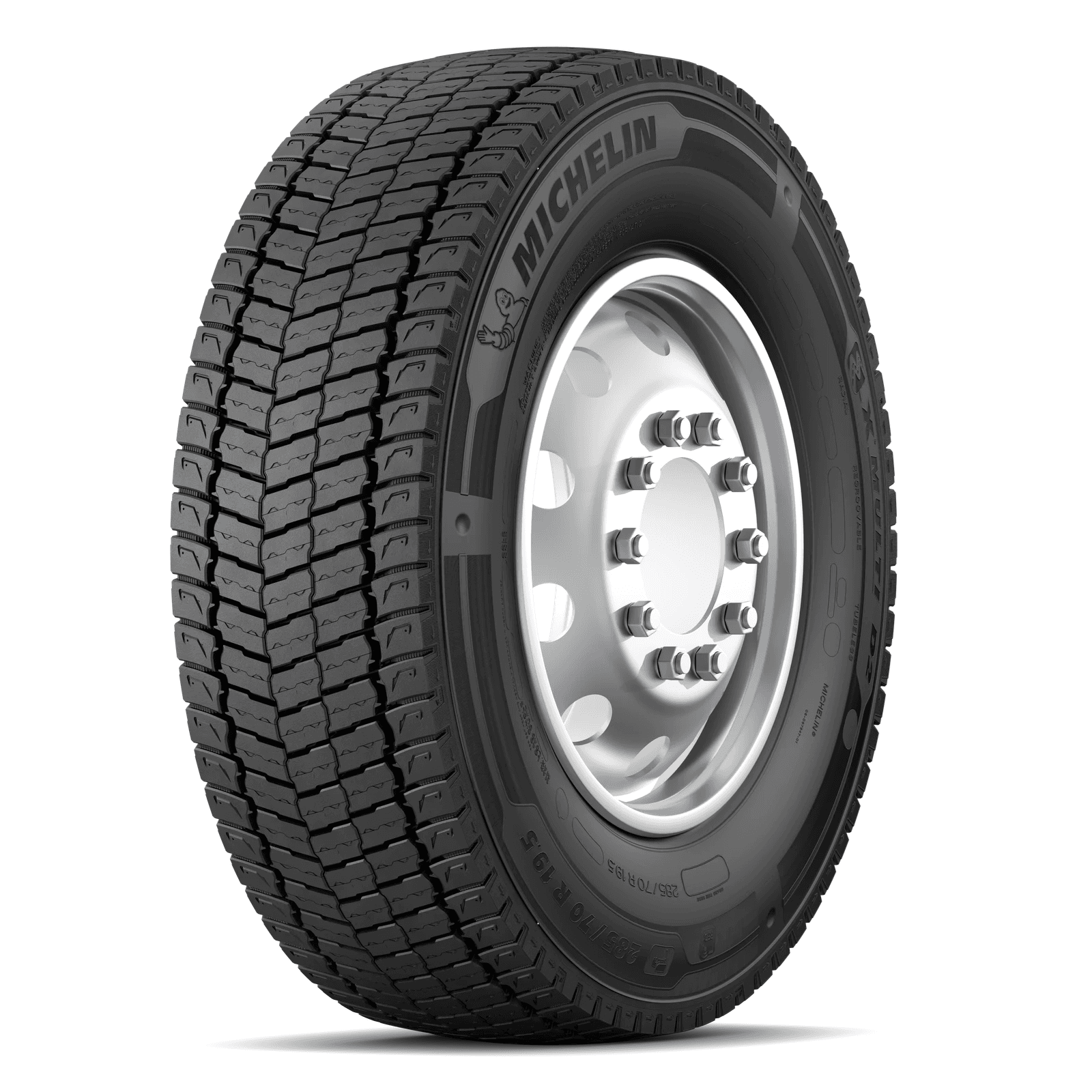 Michelin X MULTI D2 drivakseldekk for lastebil med kompakt mønsterdesign og 3PMSF-merking.