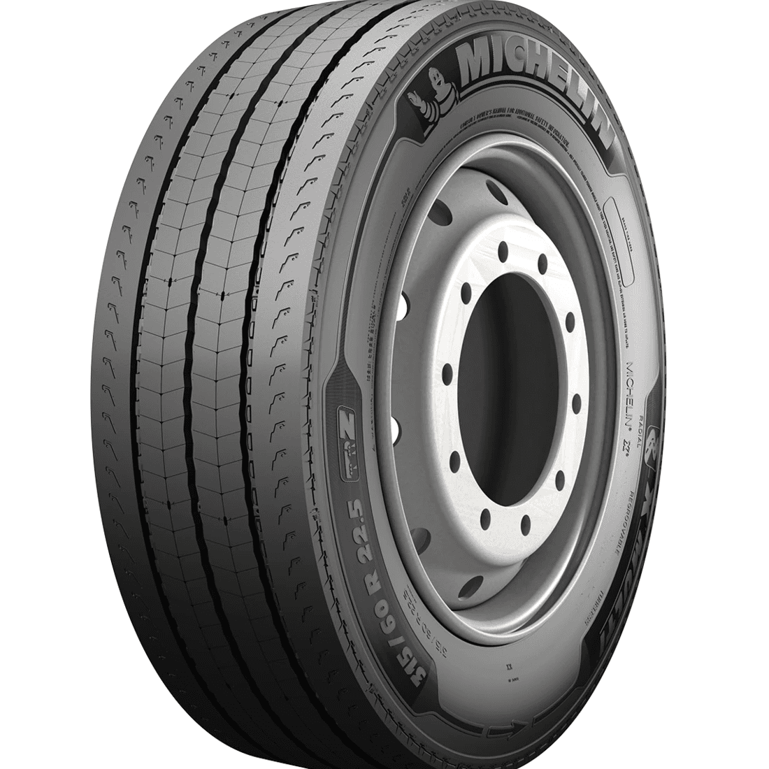 Michelin X Multi Z stålforsterket all-position radial-styreakseldekk for lastebil med langsgående mønsterribber og 3PMSF-vintersertifisering.