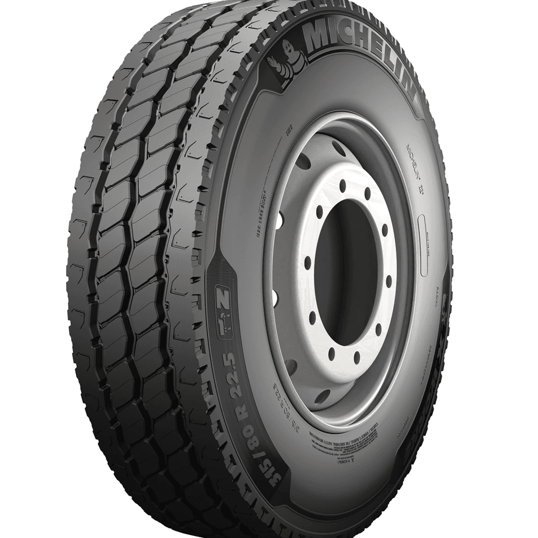 Michelin X Works Z stålforsterket all-position radial-styreakseldekk for anleggslastebiler med kraftige, langsgående On/Off-road mønsterribber.
