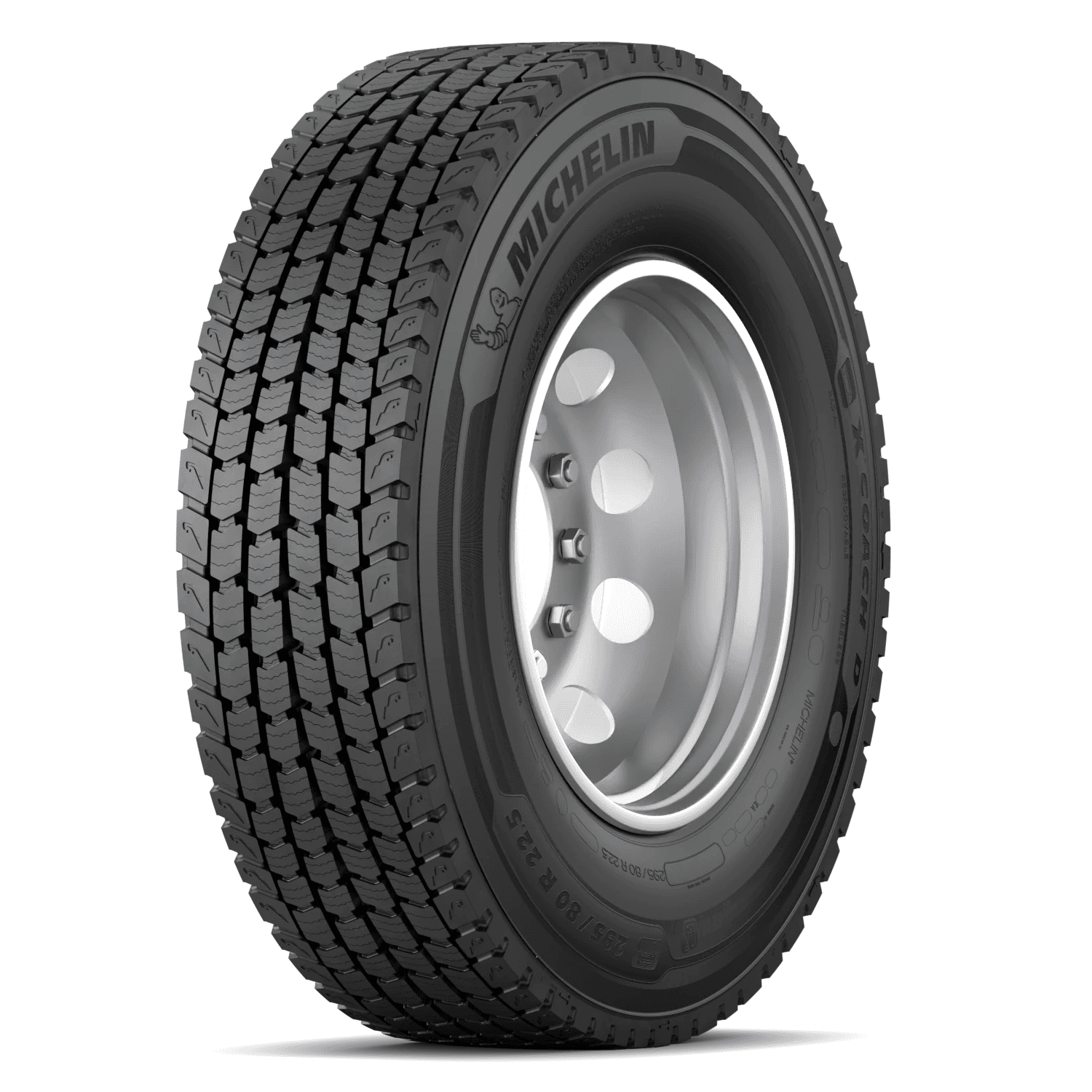 Michelin X Coach D stålforsterket radial-drivakseldekk for turbuss med retningsbestemt helårsmønster og 3PMSF-vintersertifisering.