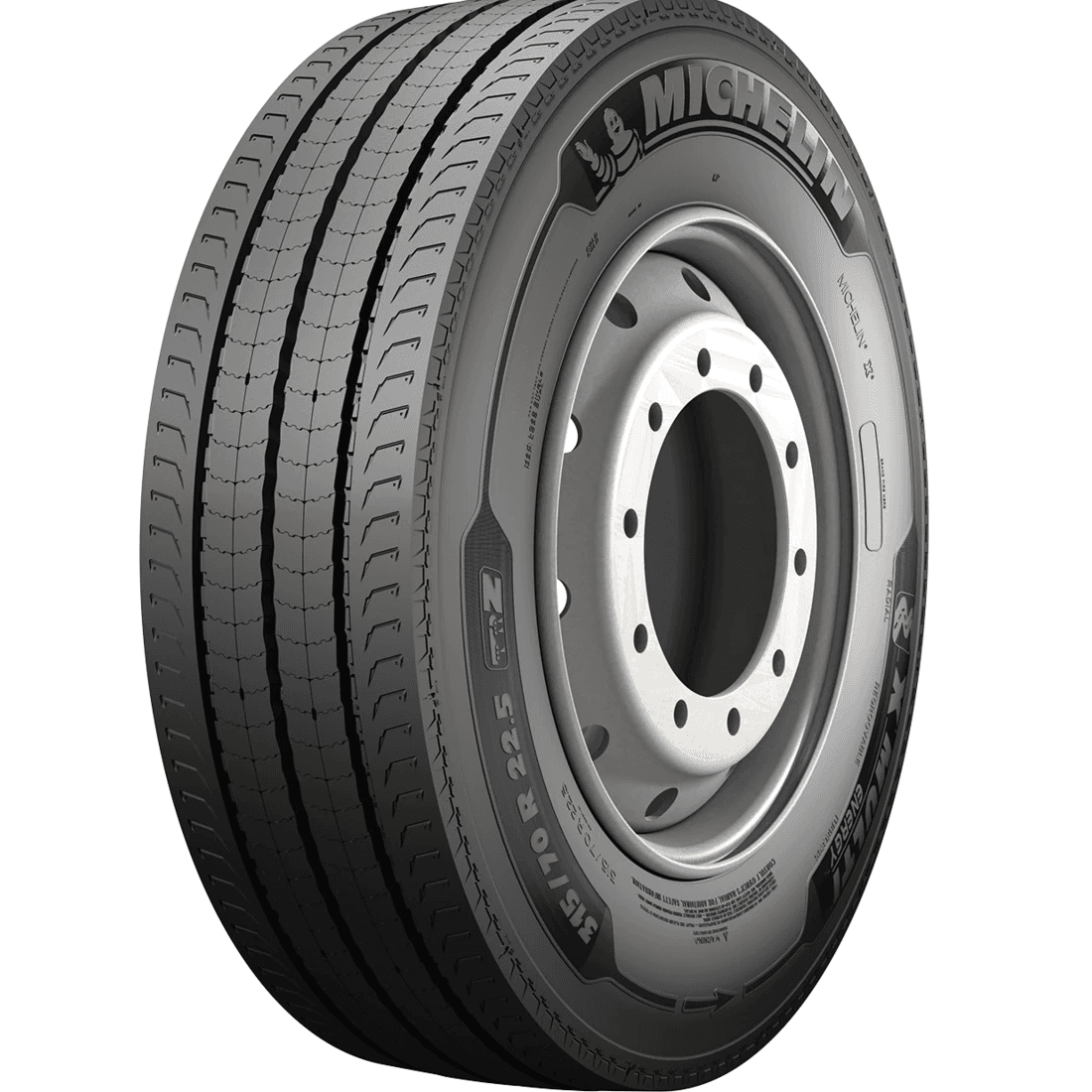 Michelin X Multi Energy Z stålforsterket all-position radial-styreakseldekk for lastebil med langsgående, energisparende mønsterribber.