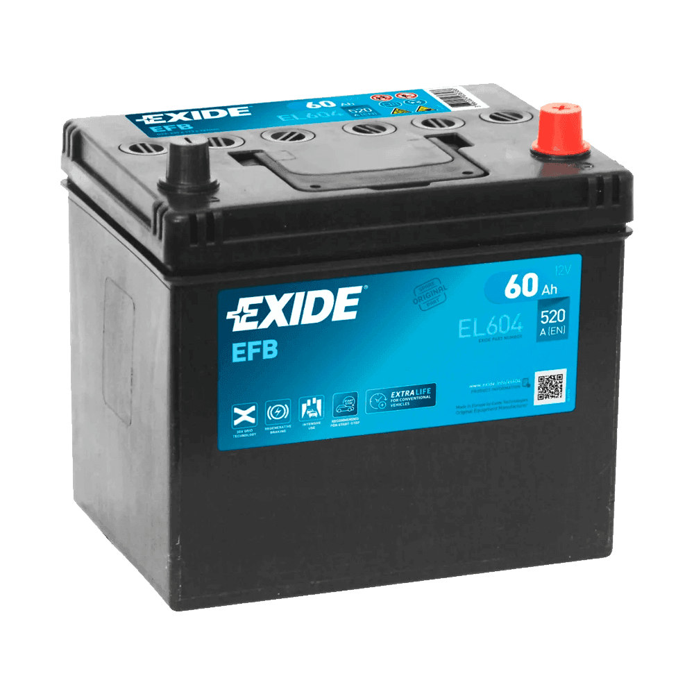 Exide EL604 12V 60Ah startbatteri for biler med krav til asiatisk batteristandard.