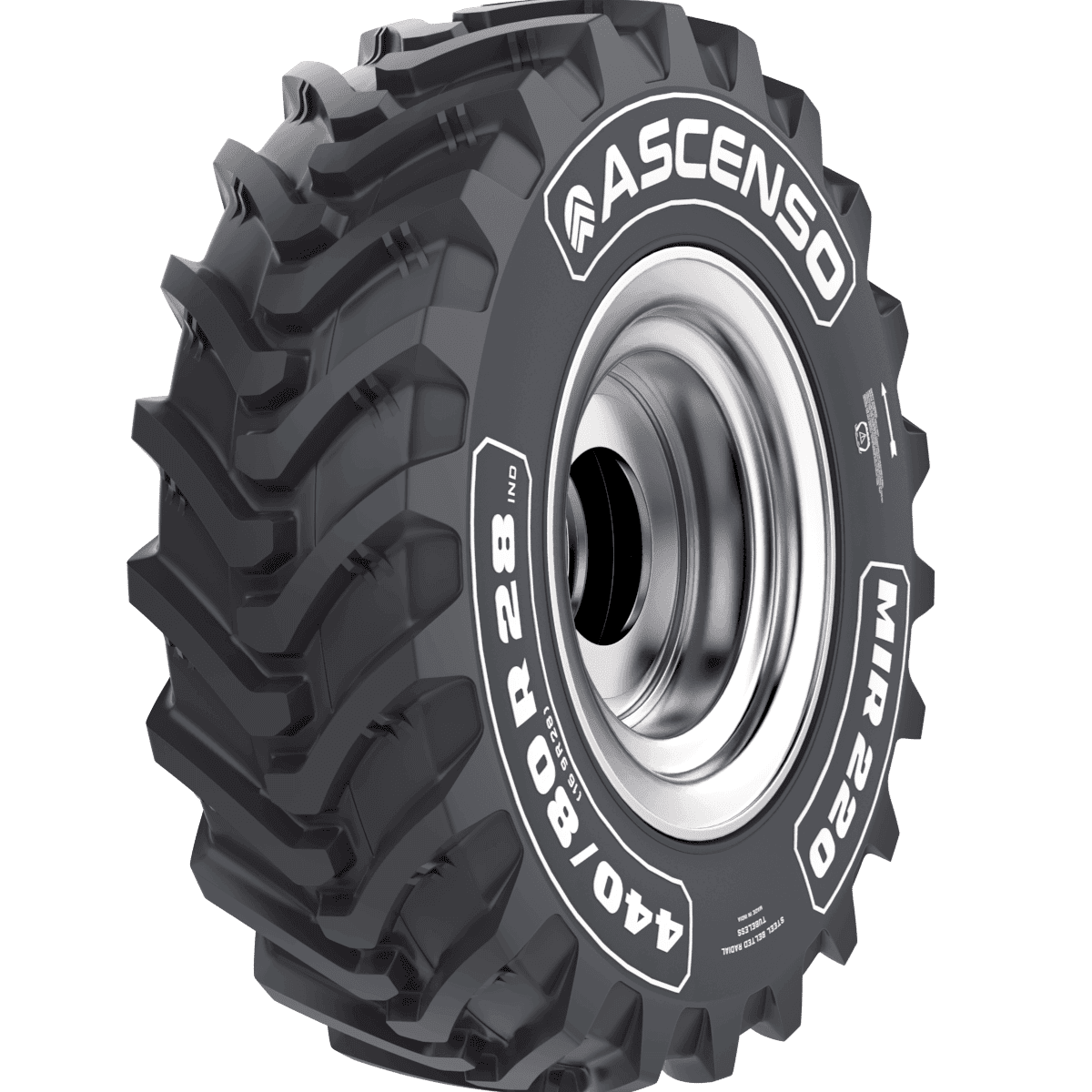 Ascenso MIR 220 radialdekk for industri- og anleggsmaskiner med forsterket blokkmønster.