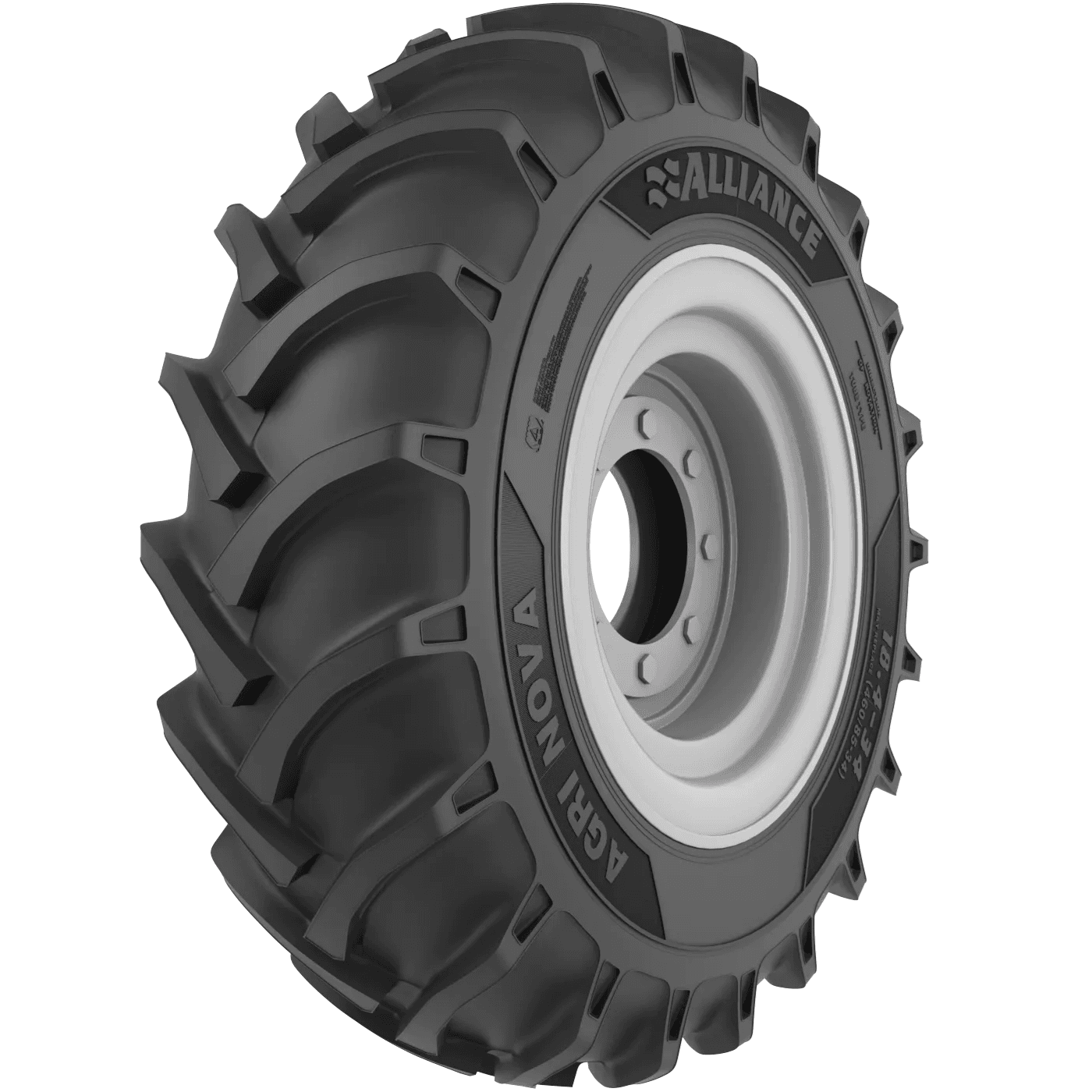 Alliance Agrinova diagonal-traktordekk med kraftig mønster og forsterkede sidevegger for maksimal stabilitet.
