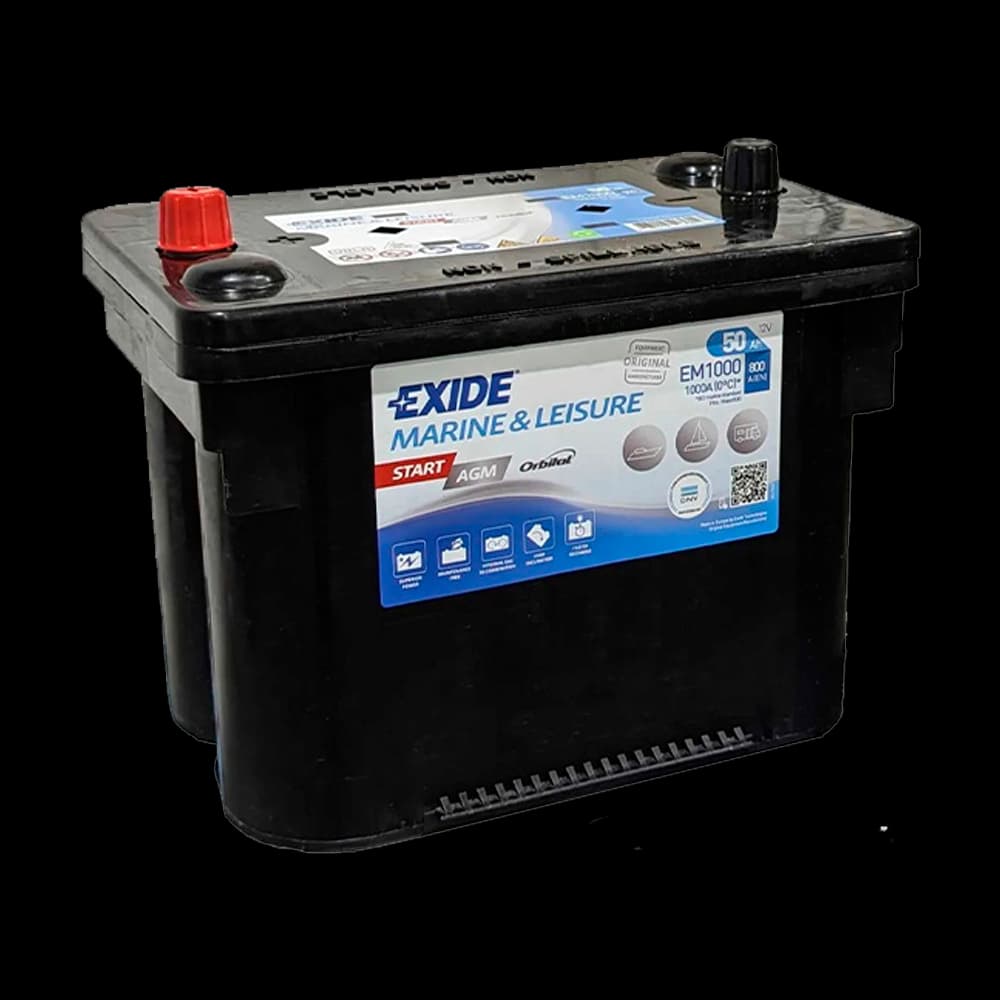 Exide EM1000 Dual AGM 12V 50Ah spiralviklet marine- og startbatteri for båt, bobil og yrkeskjøretøy.