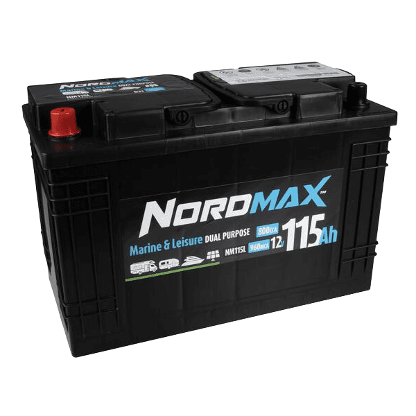 Nordmax NM115L 12V 115Ah robust og dyputladingsvennlig fritidsbatteri for bobil, båt og hytte.