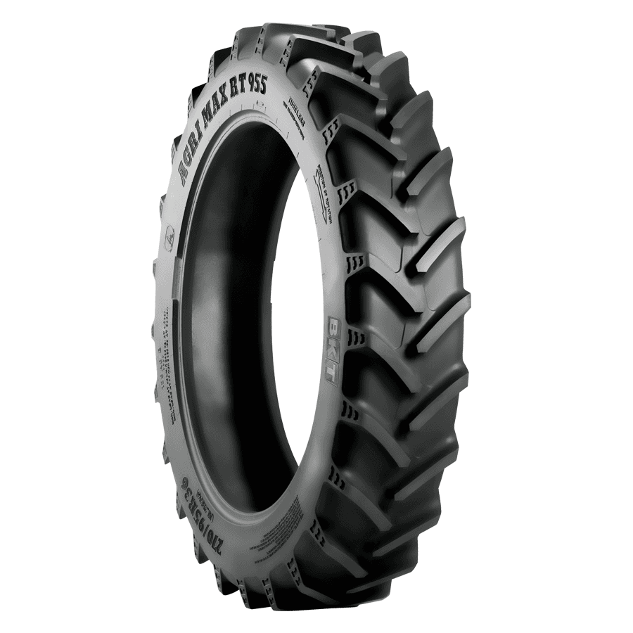 BKT Agrimax RT 955 radialdekk for radkultur og sprøyting med avrundede skuldre for plantebeskyttelse.
