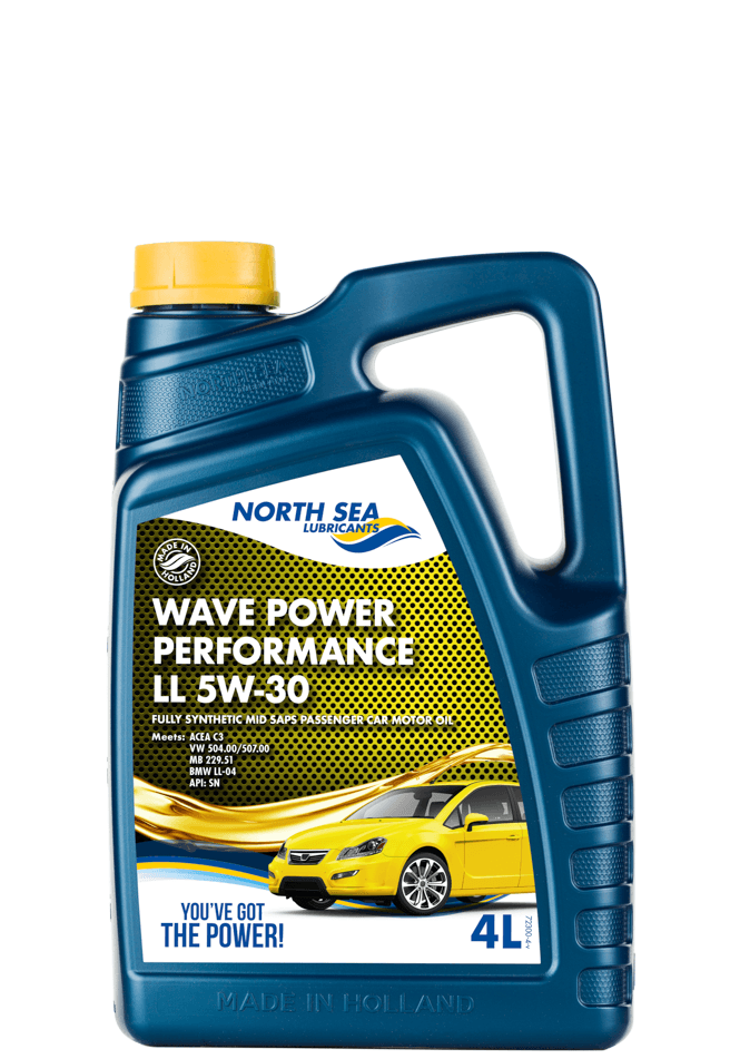 4-liters kanne med NSL Wave Power Performance LL 5W-30 helsyntetisk motorolje for VAG-biler.