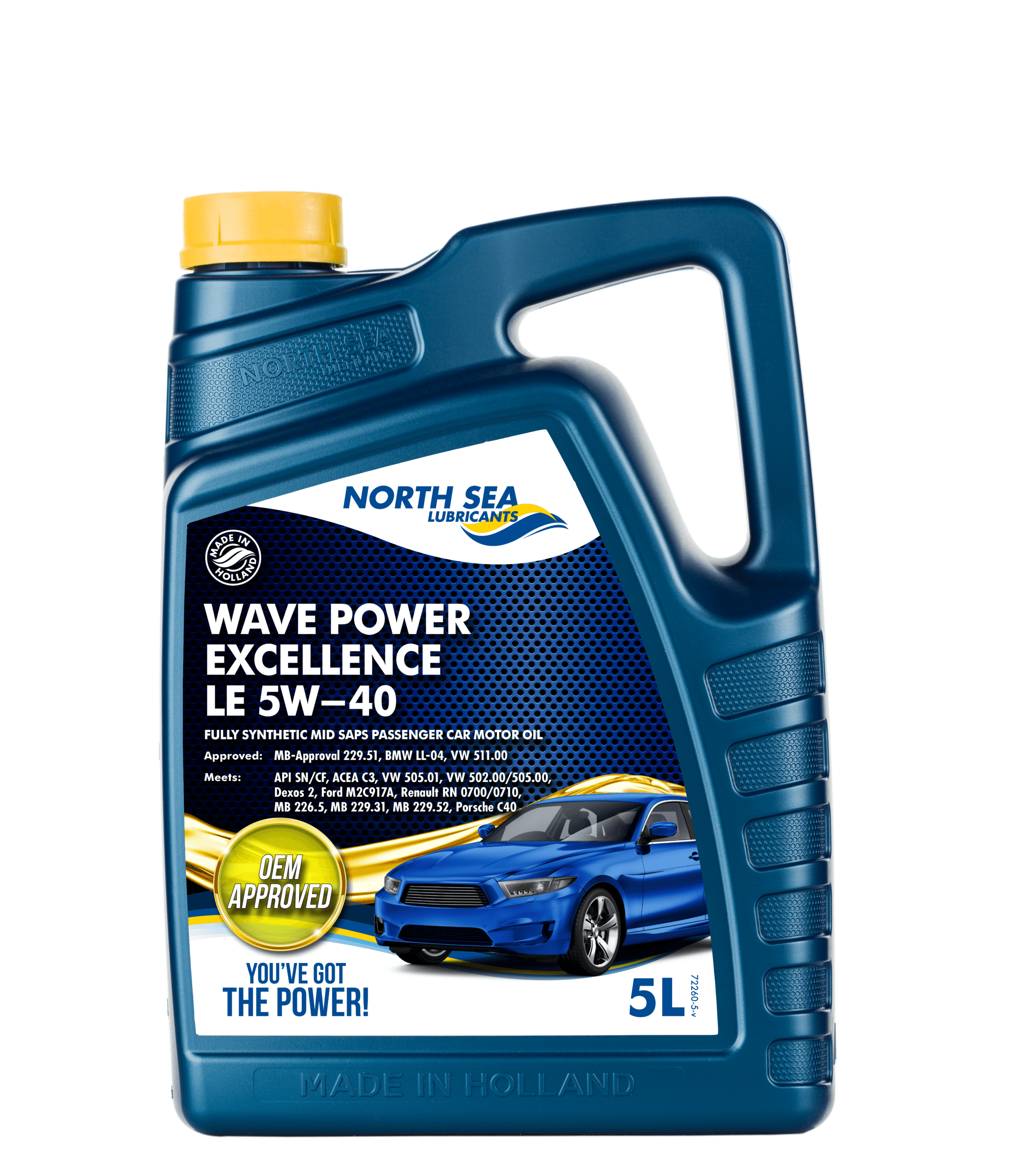 5-liters kanne med NSL Wave Power Excellence LE 5W-40 helsyntetisk motorolje.