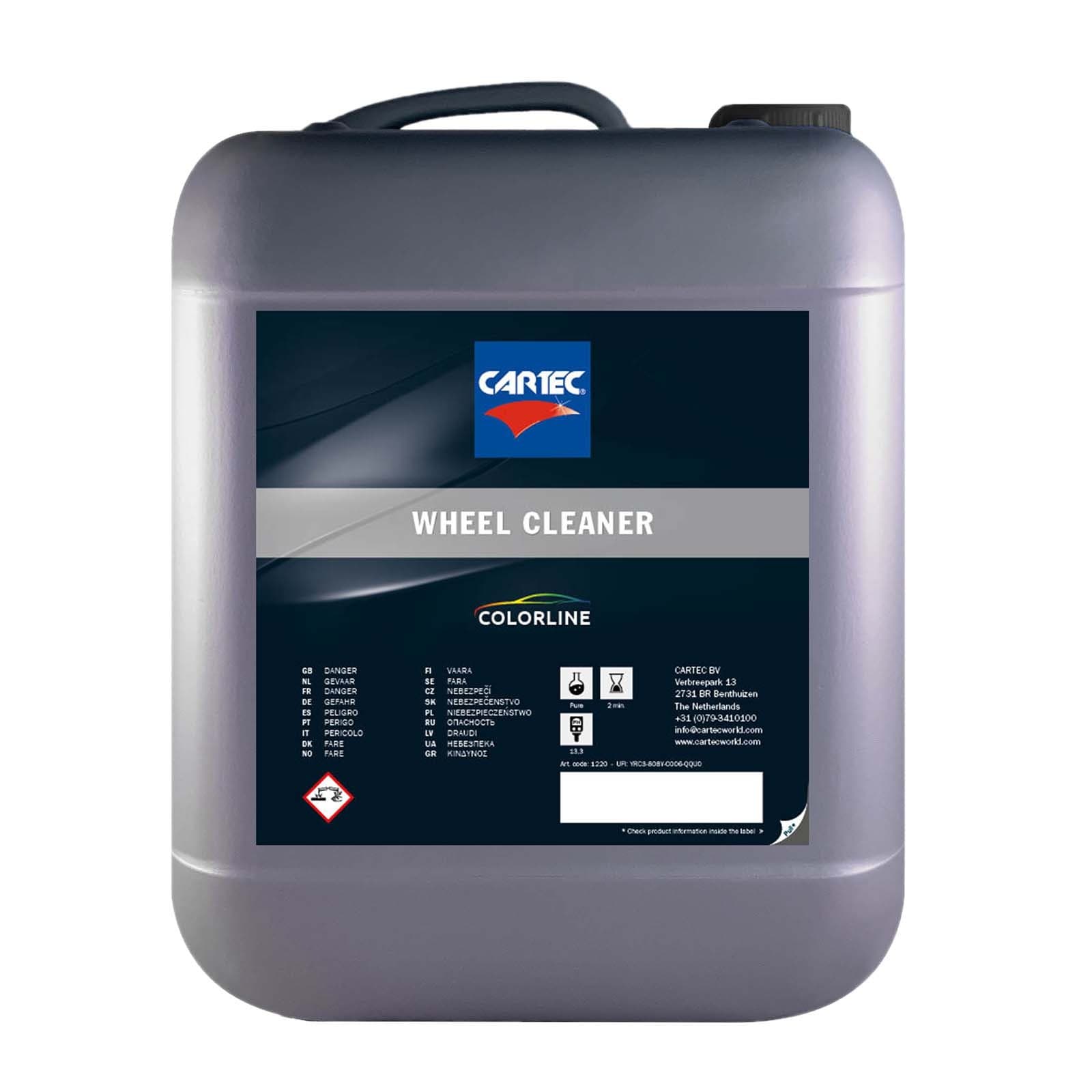20-liters kanne med Cartec Wheel Cleaner, profesjonell syrefri felgrens for verksteder og bilpleiesenter.