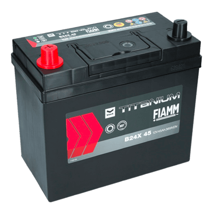 Fiamm B24X 45 12V 45Ah startbatteri, vedlikeholdsfritt (MF) med pluss-pol til venstre.