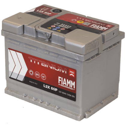 Fiamm L2X 60P 12V 60Ah startbatteri, vedlikeholdsfritt (MF) med pluss-pol til venstre.