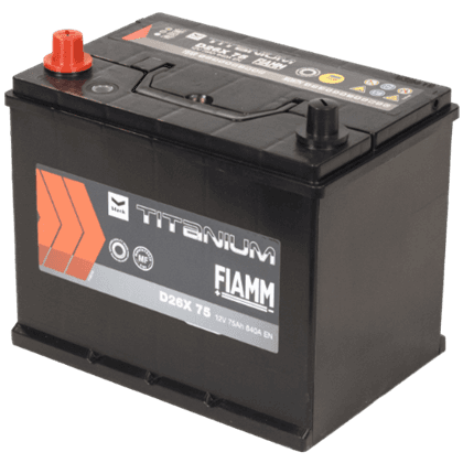 Fiamm D26X 75 12V 75Ah startbatteri, vedlikeholdsfritt (MF) med pluss-pol til venstre.