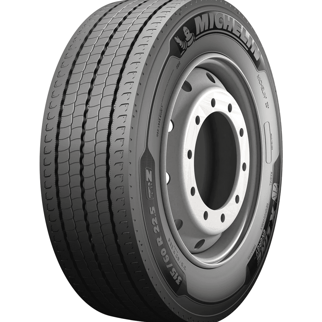 Michelin X Line Energy Z stålforsterket radial-styreakseldekk for lastebil med langsgående, energisparende mønsterribber.