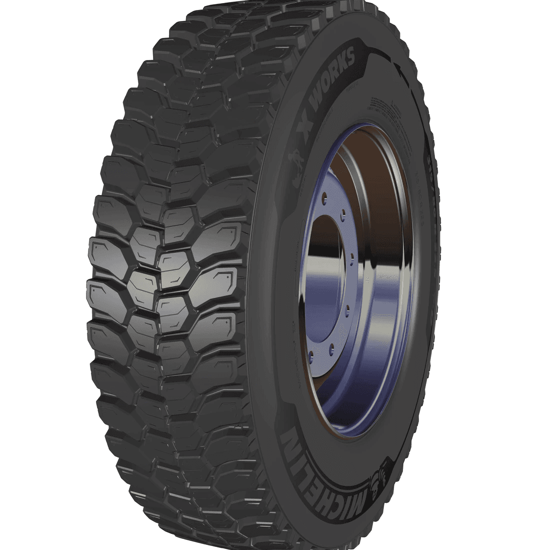 Michelin X Works D stålforsterket radial-drivakseldekk for lastebil med kraftig retningsbestemt On/Off-road blokkmønster og 3PMSF-merking.