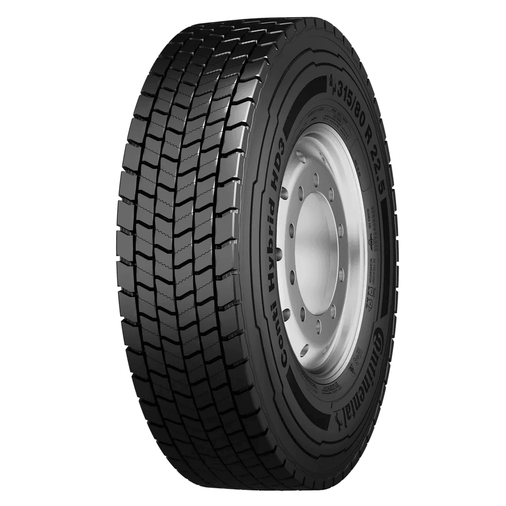 Continental Conti Hybrid HD3 drivakseldekk for lastebil med tett seipingsmønster og 3PMSF-merking.